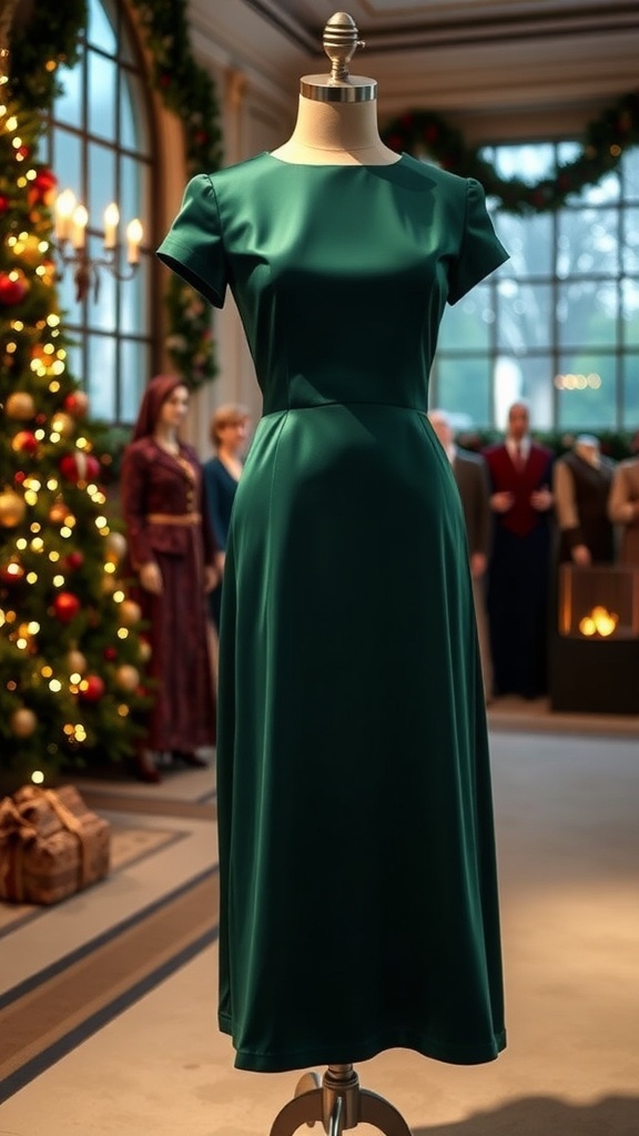 An elegant old money Christmas dress in emerald green silk, displayed in a festive setting.